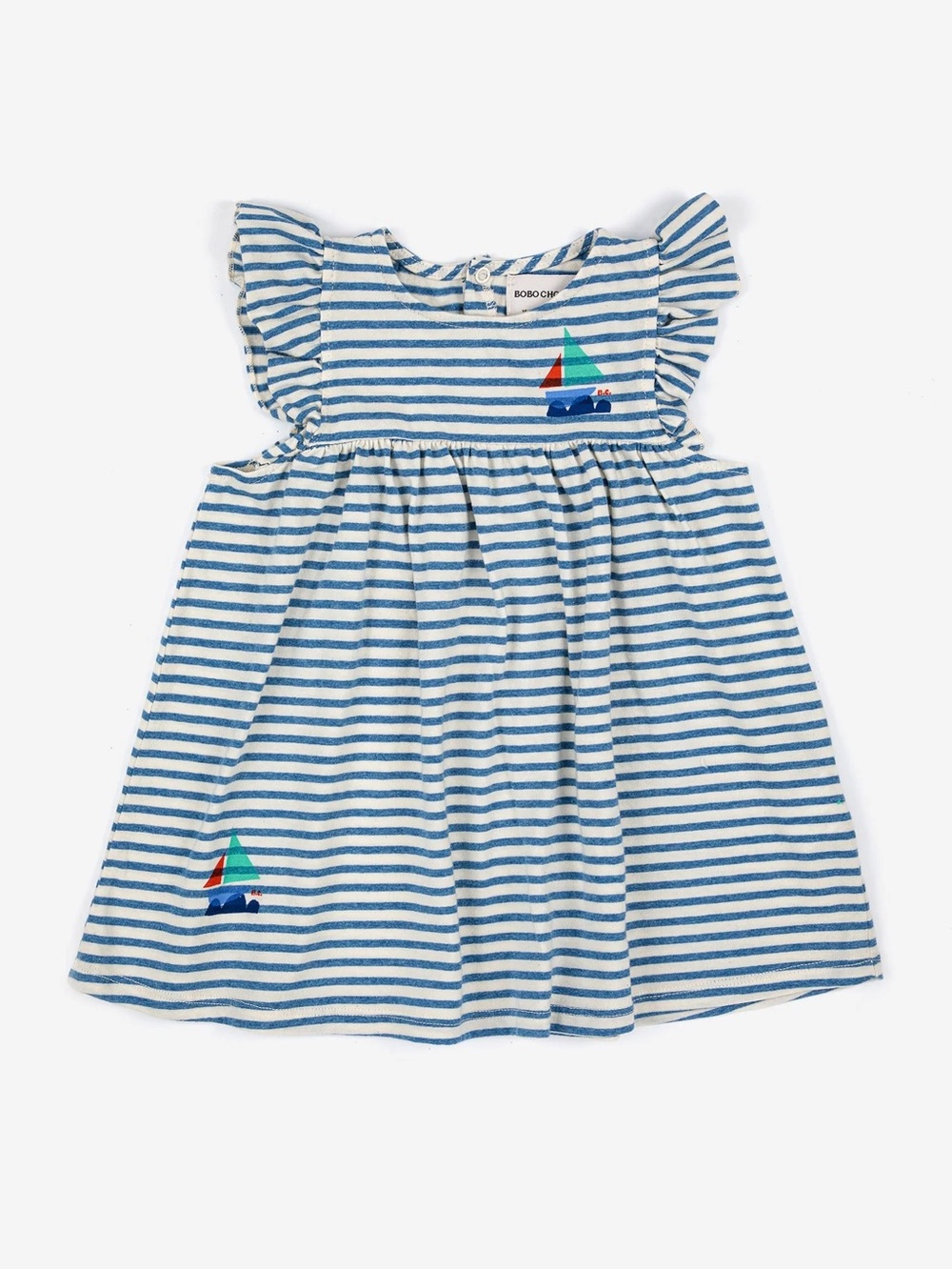 BOBO CHOSES Baby Blue Stripe Sailboat Ruffle Dress 24M Organic Cotton